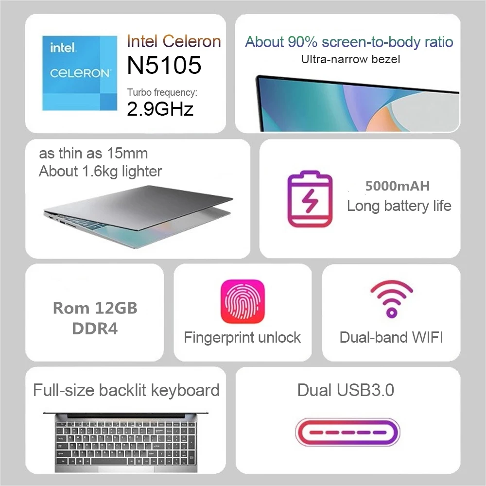 New 16 Inch Laptop Intel N5105 32GB RAM 2TB SSD DDR5 Windows 11 Fingerprint Unlock HD Camera HDMI 1920*1200 Gaming Computer PC - Image 2